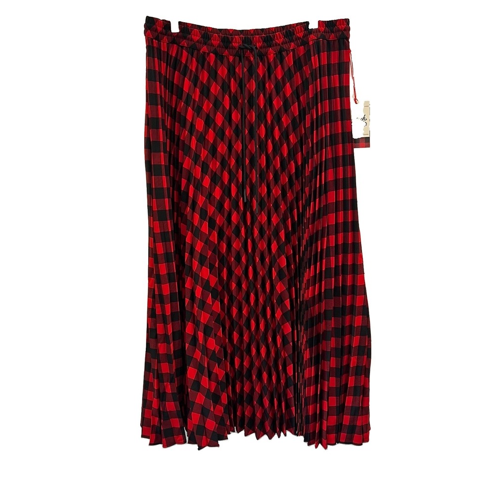 Woolrich Women Buffalo Check Maxi Ankle  A-Line Pleated Skirt - Red Black  L NEW